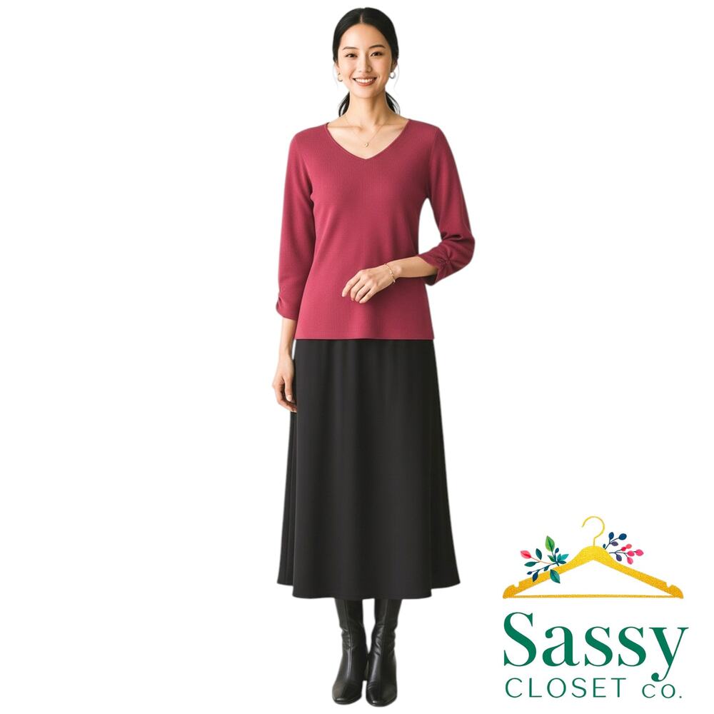 Ann Taylor Burgundy Wine Double V Neck Ribbed Sweater S Cuffed 3/4 Sleeve